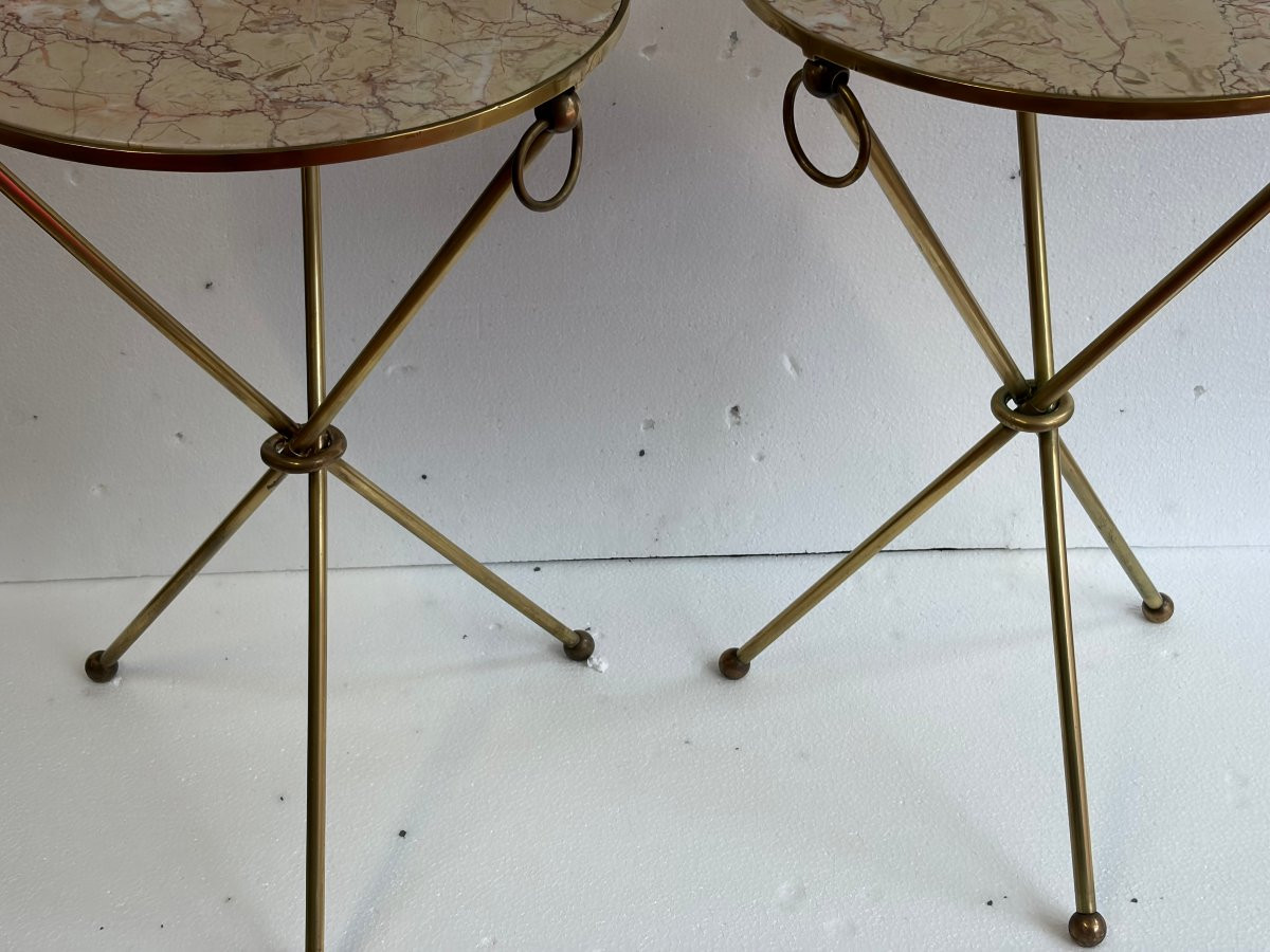 1940/50′ Paire de Guéridons Laiton Doré/ Jacques Adnet Ø 41,5 cm H 61 cm Marbre Rose Calacatta-photo-8