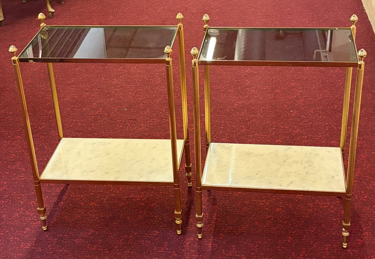 1970′ Paire de Bouts de Canapé En Bronze 2 Niveaux Maison Baguès Plateaux Verre Fumé + Marbre-photo-2