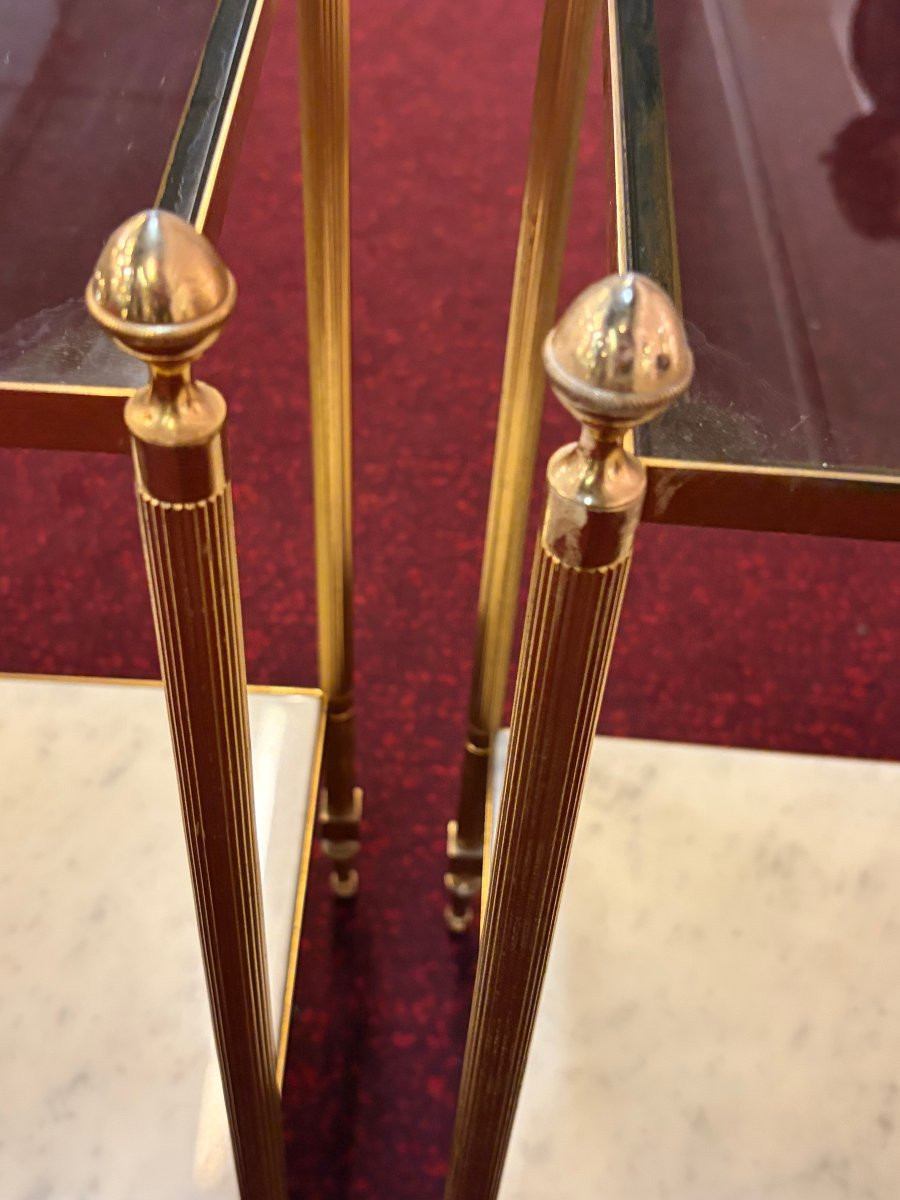 1970′ Paire de Bouts de Canapé En Bronze 2 Niveaux Maison Baguès Plateaux Verre Fumé + Marbre-photo-4