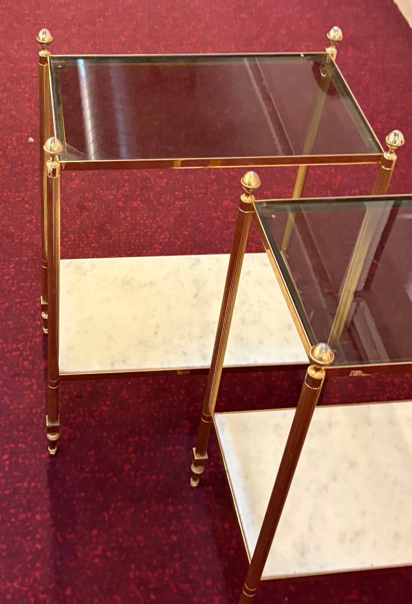 1970′ Paire de Bouts de Canapé En Bronze 2 Niveaux Maison Baguès Plateaux Verre Fumé + Marbre-photo-8