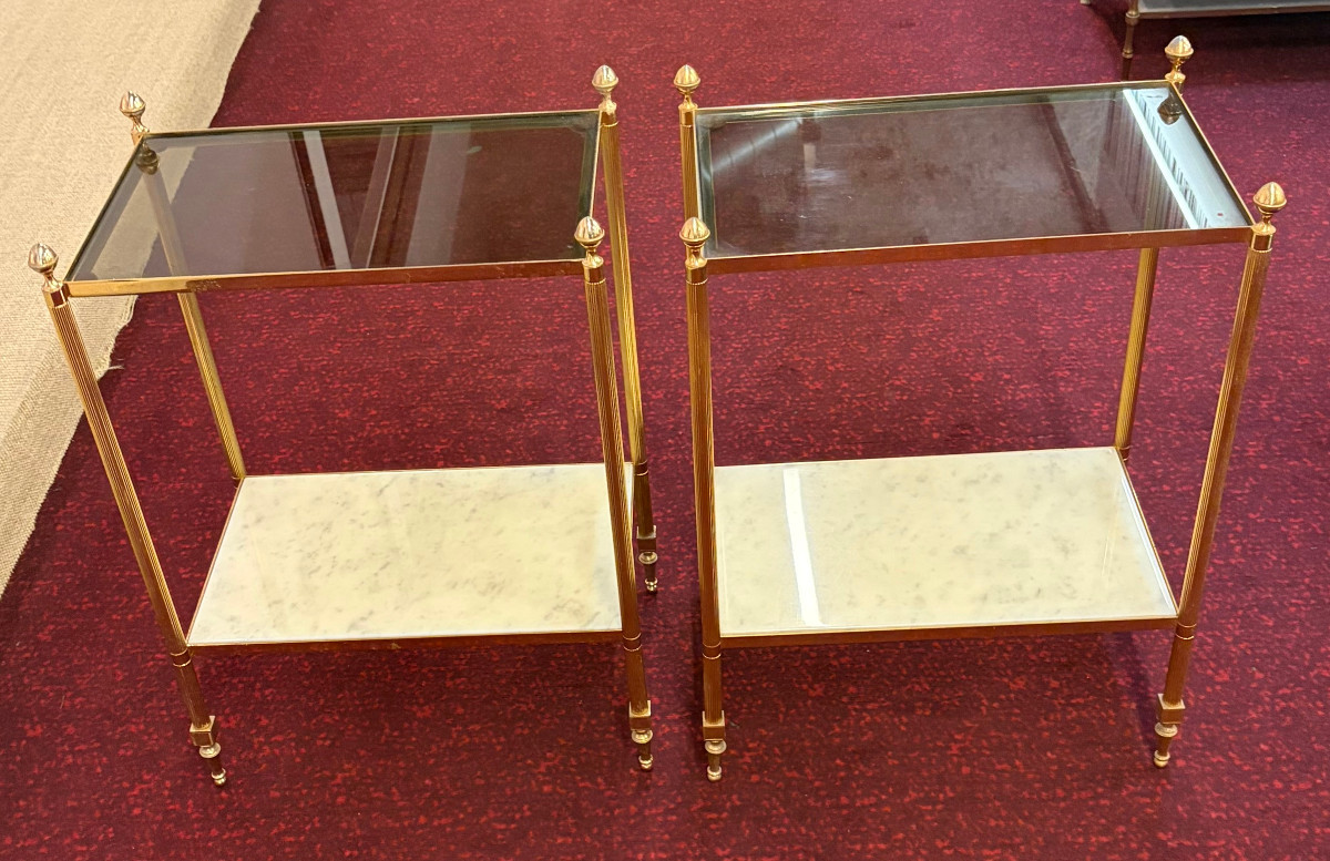 1970′ Paire de Bouts de Canapé En Bronze 2 Niveaux Maison Baguès Plateaux Verre Fumé + Marbre