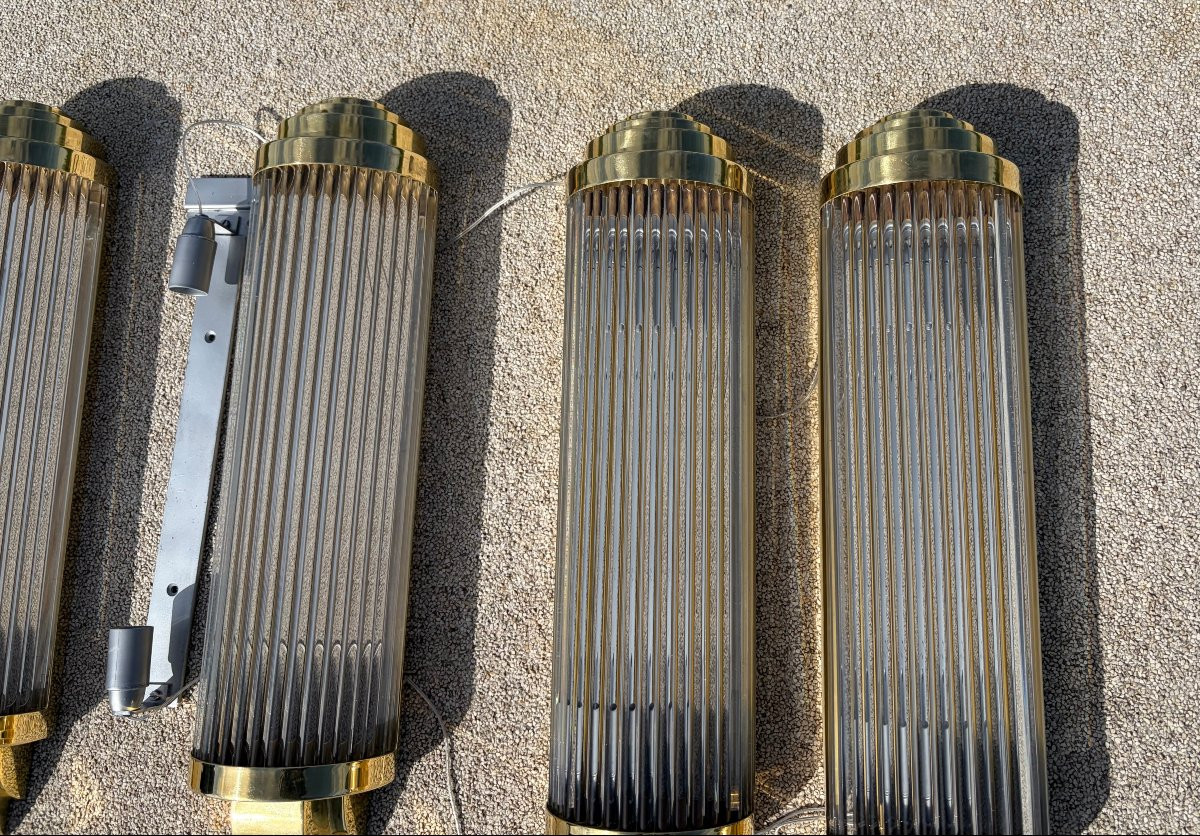 1970' Série De 4 Appliques En Laiton Ou Bronze A Tubes De Verre Style Genet Michon Ou Petitot-photo-3