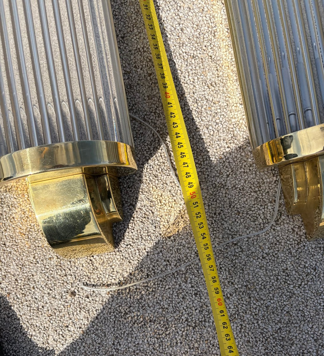 1970' Série De 4 Appliques En Laiton Ou Bronze A Tubes De Verre Style Genet Michon Ou Petitot-photo-2