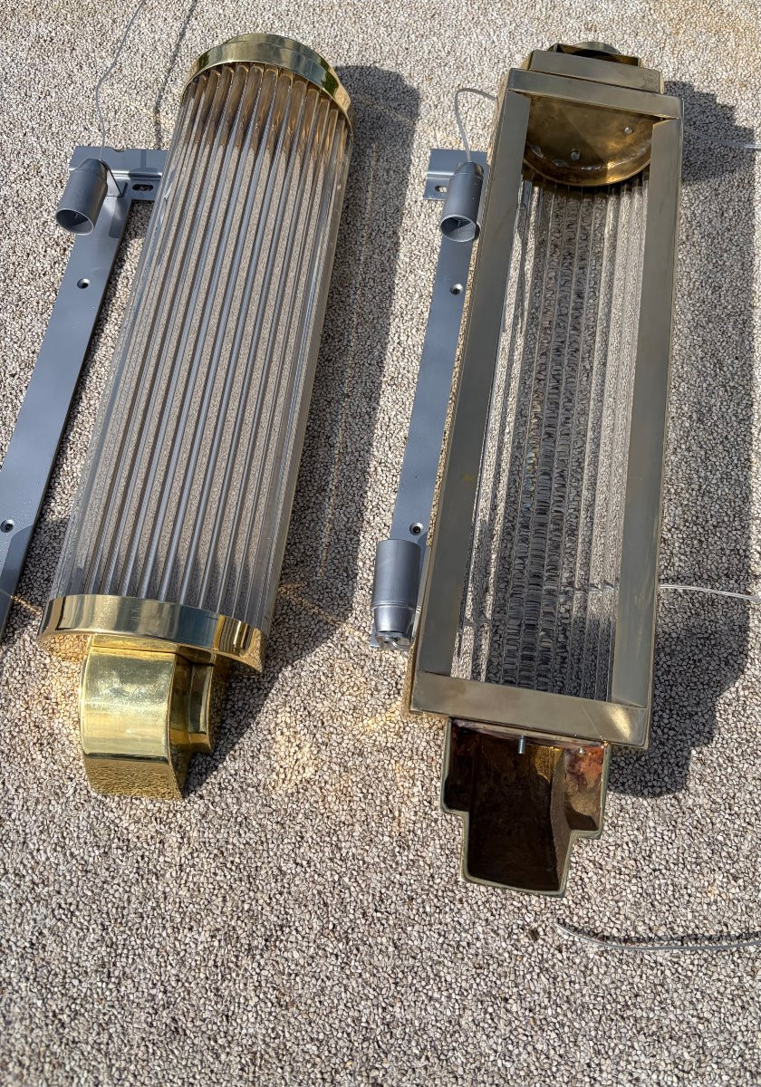 1970' Série De 4 Appliques En Laiton Ou Bronze A Tubes De Verre Style Genet Michon Ou Petitot-photo-7