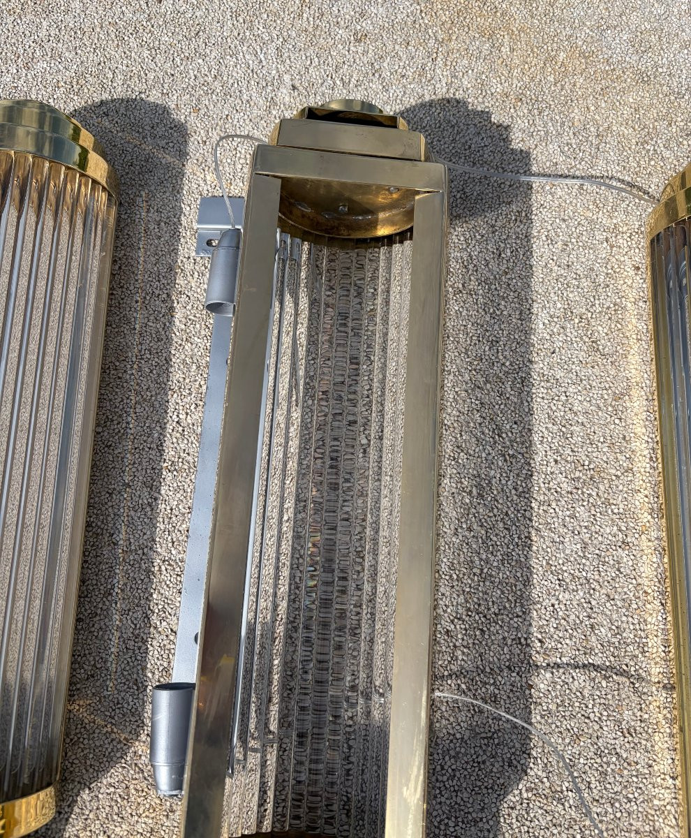 1970' Série De 4 Appliques En Laiton Ou Bronze A Tubes De Verre Style Genet Michon Ou Petitot-photo-8