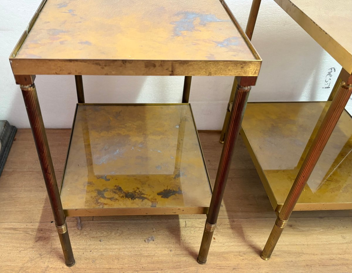 1970′ Pair Of Maison Jansen Brass Sofa Ends Gold Oxidized Tops 36 X 50 X H 55 Cm-photo-2