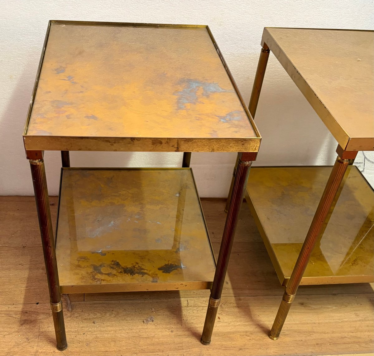 1970′ Pair Of Maison Jansen Brass Sofa Ends Gold Oxidized Tops 36 X 50 X H 55 Cm-photo-3