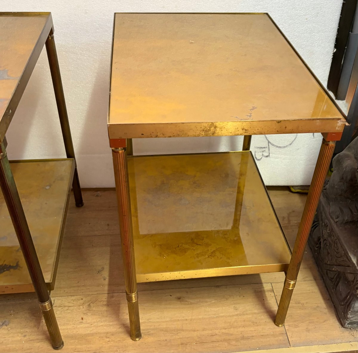 1970′ Pair Of Maison Jansen Brass Sofa Ends Gold Oxidized Tops 36 X 50 X H 55 Cm-photo-4