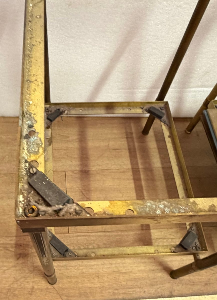 1970′ Pair Of Maison Jansen Brass Sofa Ends Gold Oxidized Tops 36 X 50 X H 55 Cm-photo-5