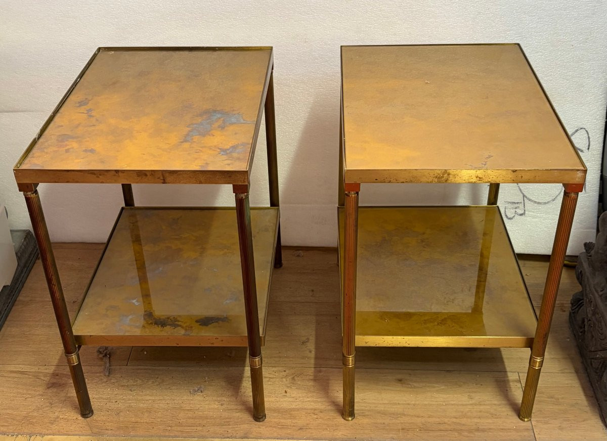 1970′ Pair Of Maison Jansen Brass Sofa Ends Gold Oxidized Tops 36 X 50 X H 55 Cm-photo-6