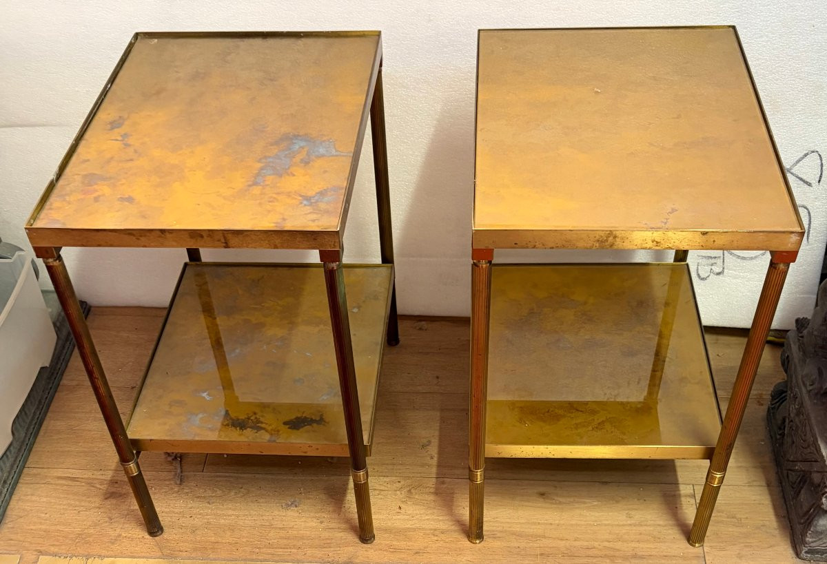 1970′ Pair Of Maison Jansen Brass Sofa Ends Gold Oxidized Tops 36 X 50 X H 55 Cm-photo-7