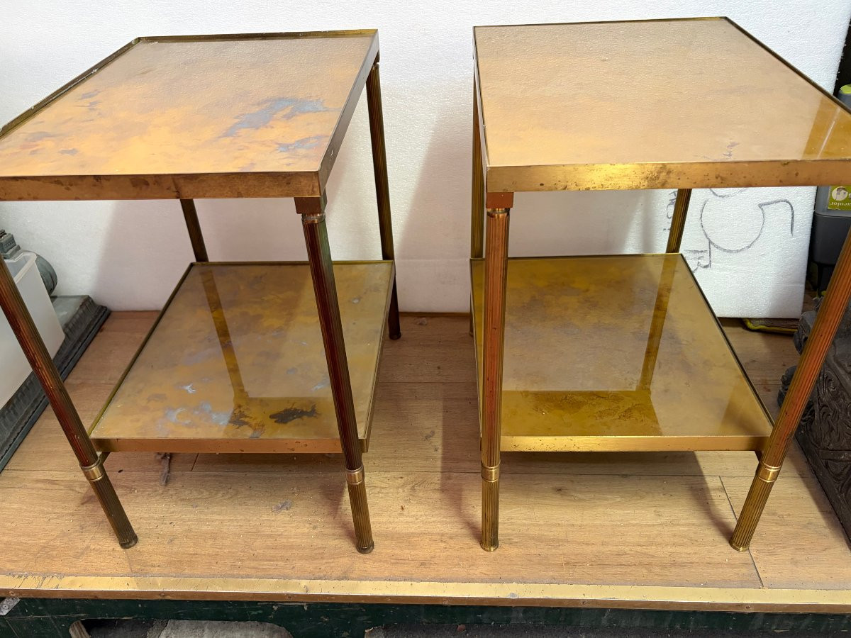 1970′ Pair Of Maison Jansen Brass Sofa Ends Gold Oxidized Tops 36 X 50 X H 55 Cm-photo-8