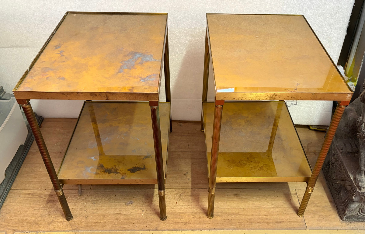 1970′ Pair Of Maison Jansen Brass Sofa Ends Gold Oxidized Tops 36 X 50 X H 55 Cm