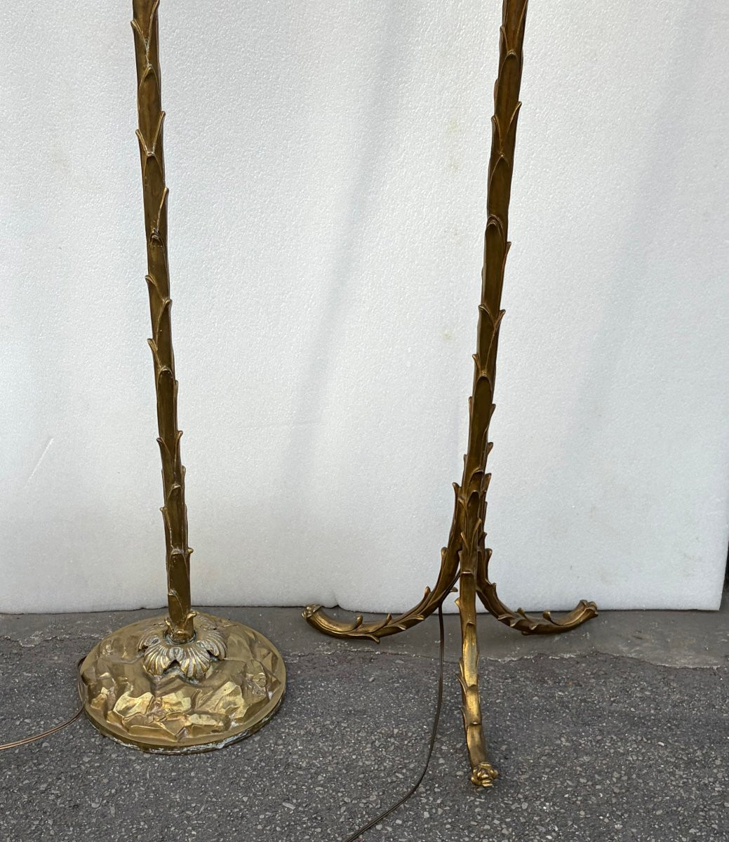 1970′ 2 Lampadaires En Bronze Maison Bagues Decor Palmier H 166 Base Ronde et Tripode-photo-2