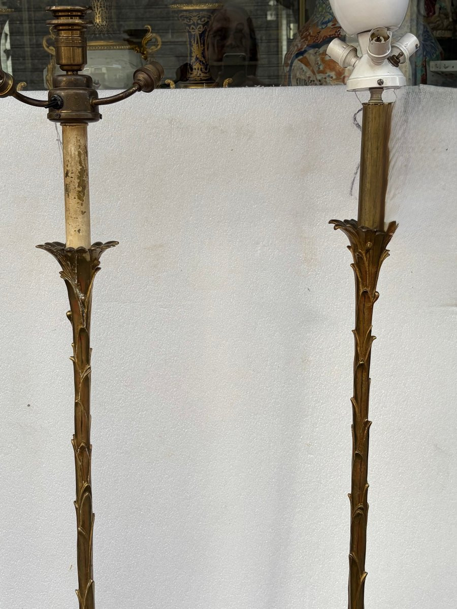 1970′ 2 Lampadaires En Bronze Maison Bagues Decor Palmier H 166 Base Ronde et Tripode-photo-3