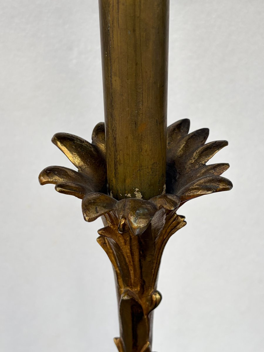 1970′ 2 Lampadaires En Bronze Maison Bagues Decor Palmier H 166 Base Ronde et Tripode-photo-1