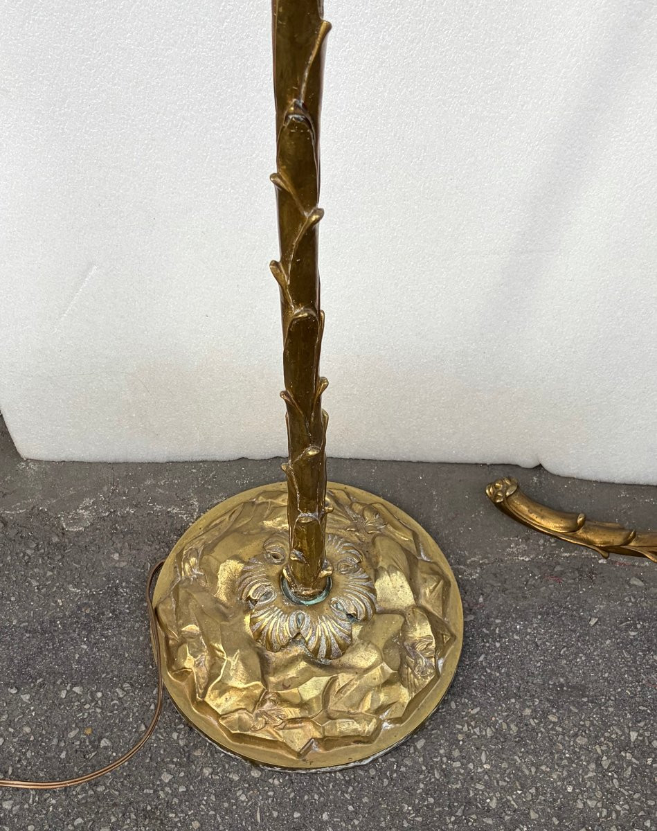 1970′ 2 Lampadaires En Bronze Maison Bagues Decor Palmier H 166 Base Ronde et Tripode-photo-3