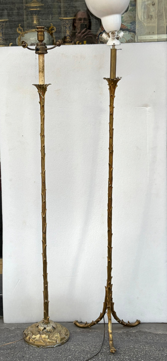1970′ 2 Lampadaires En Bronze Maison Bagues Decor Palmier H 166 Base Ronde et Tripode