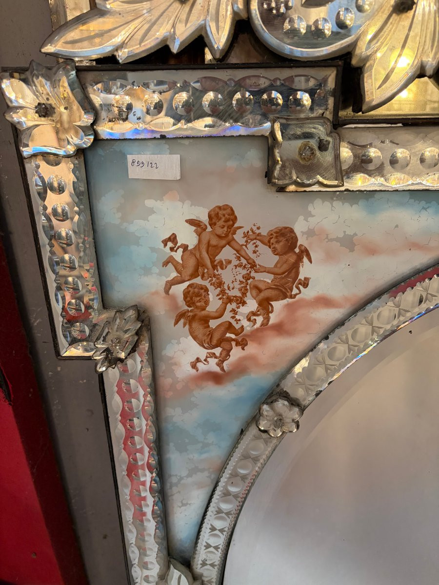 1900′ Miroir Venitien Napoléon 3 aux 4 Saisons sur Cartouches Fixés Sous Verre H 144 cm-photo-2