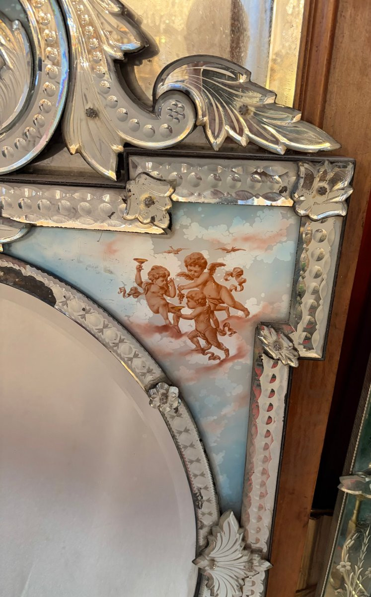 1900′ Miroir Venitien Napoléon 3 aux 4 Saisons sur Cartouches Fixés Sous Verre H 144 cm-photo-3