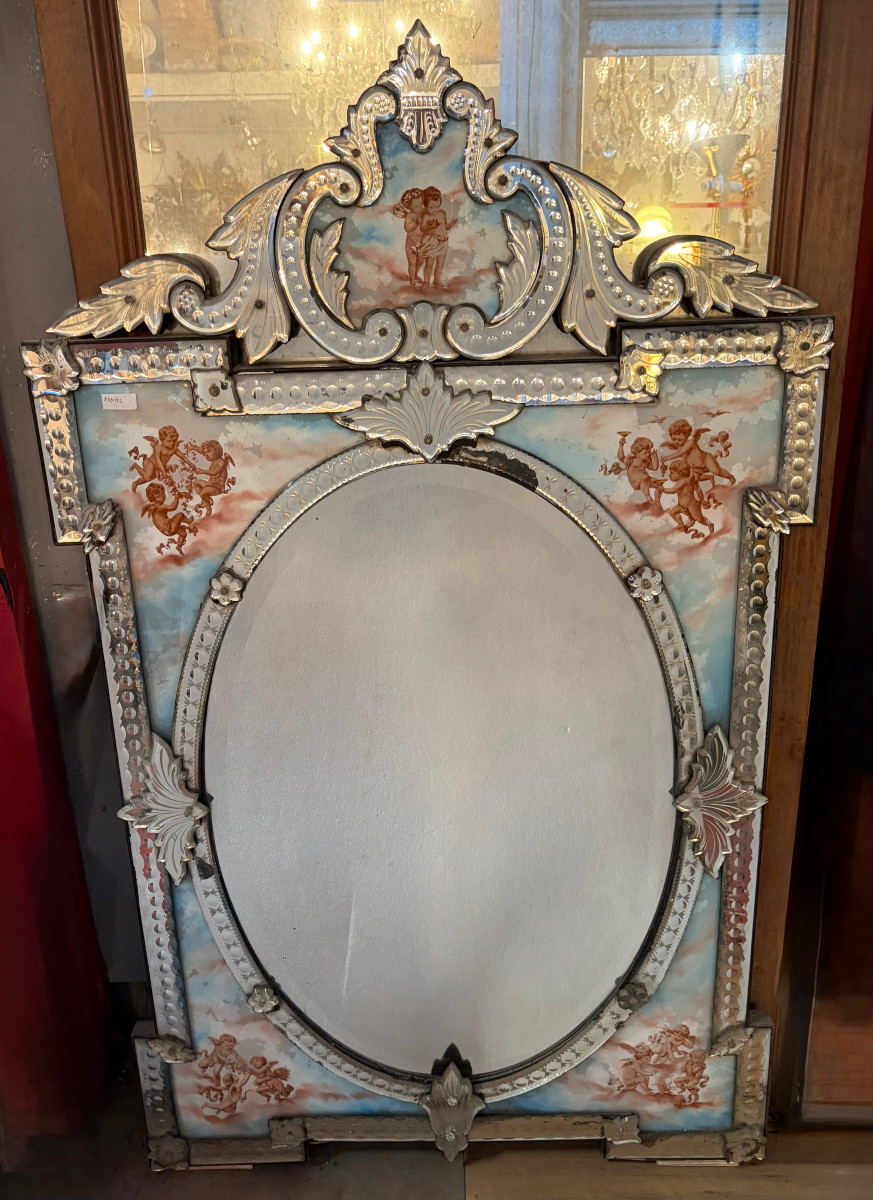 1900′ Miroir Venitien Napoléon 3 aux 4 Saisons sur Cartouches Fixés Sous Verre H 144 cm