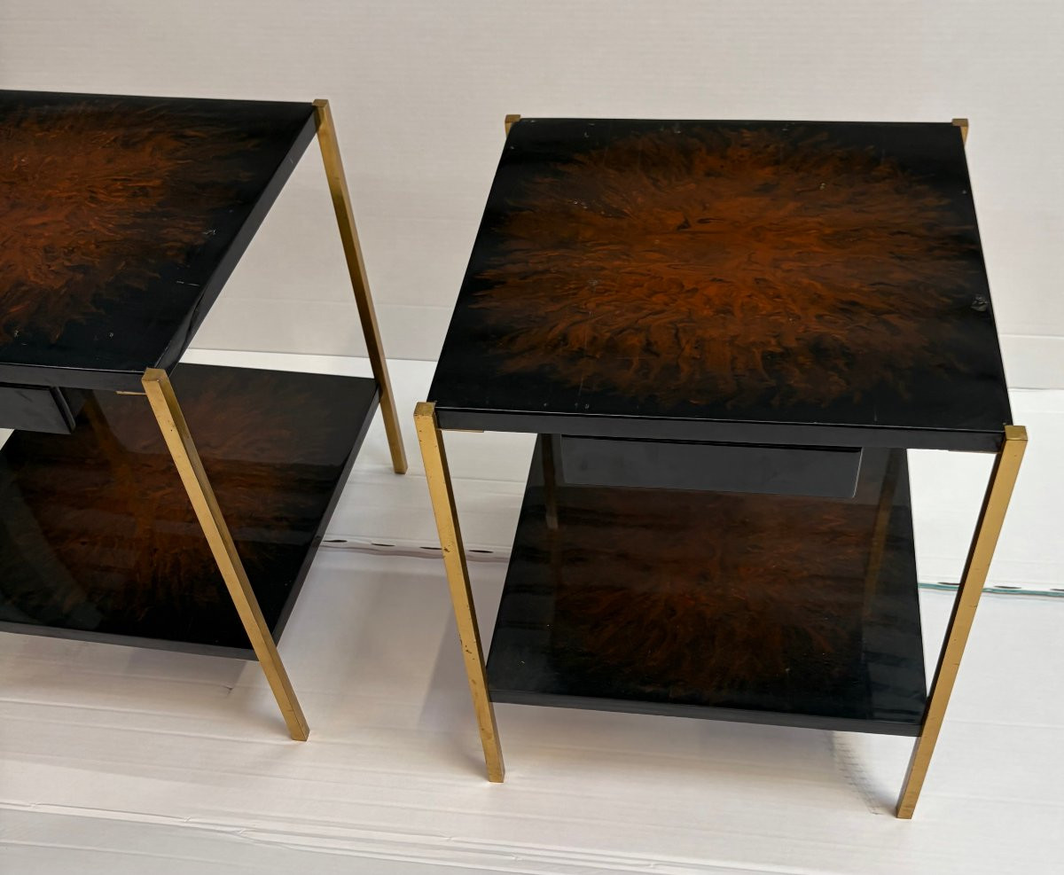1970′ Paire De Tables A Tiroir Maison Charles Signée En Bronze Doré Avec Plateaux Décor De Feu-photo-4