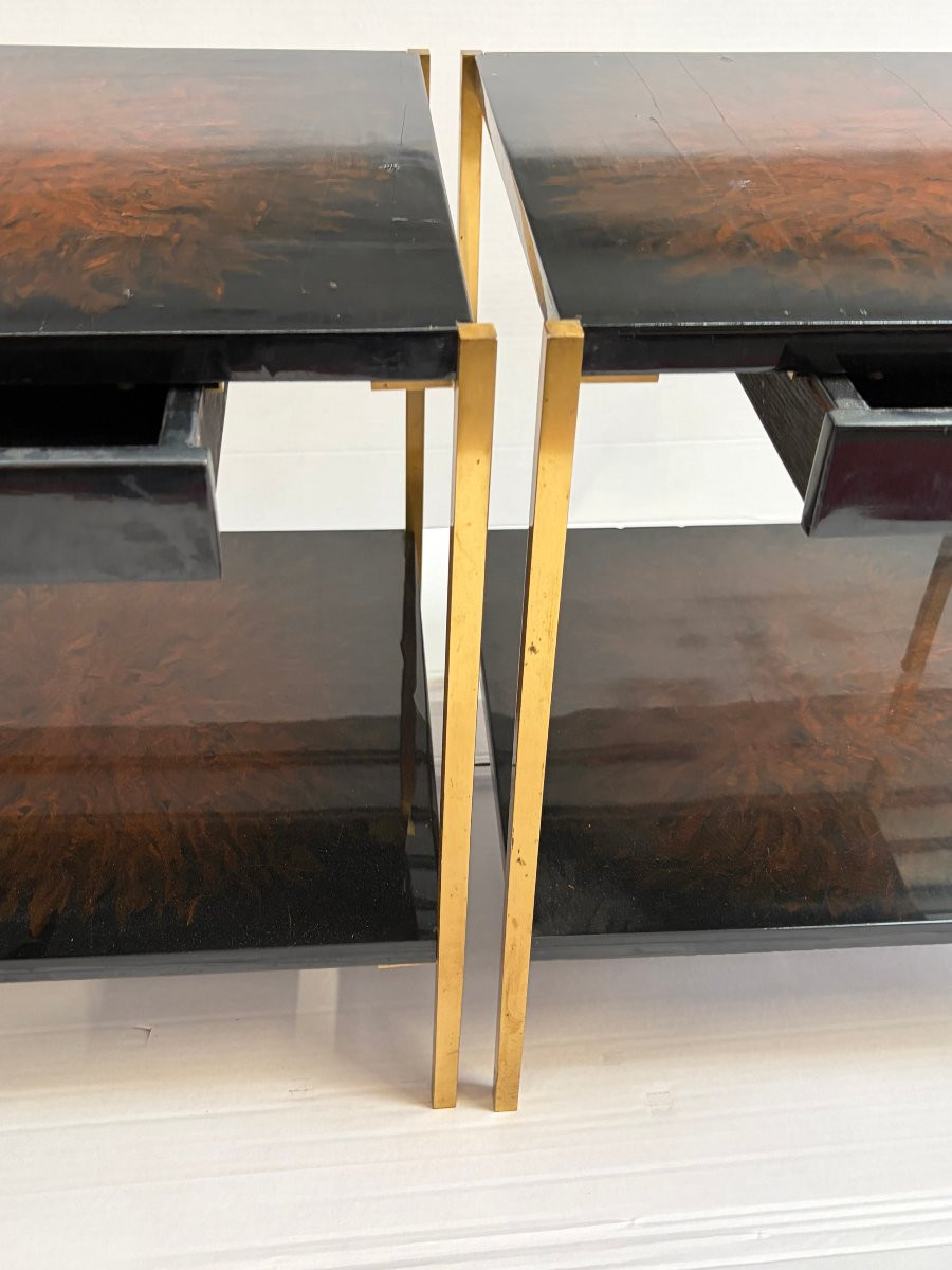 1970′ Paire De Tables A Tiroir Maison Charles Signée En Bronze Doré Avec Plateaux Décor De Feu-photo-3