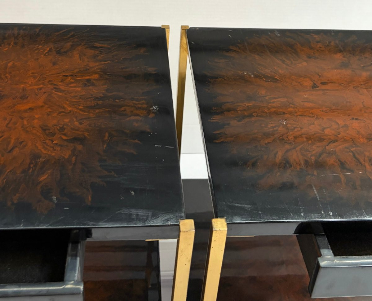 1970′ Paire De Tables A Tiroir Maison Charles Signée En Bronze Doré Avec Plateaux Décor De Feu-photo-4