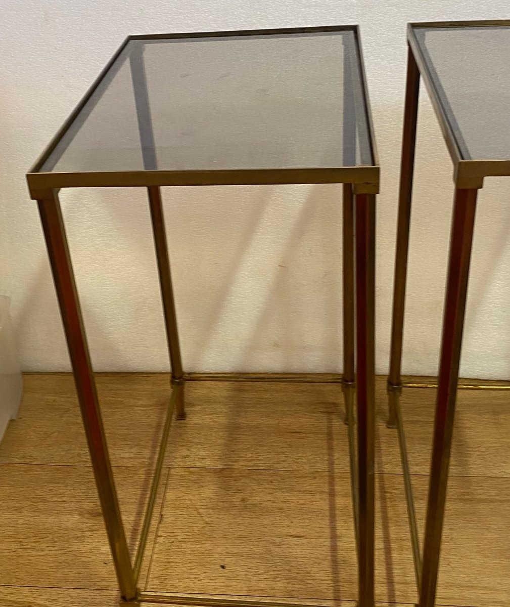 1970s Pair Of Ramsay Brass End Tables With Tinted Glass Tops, 39.5 X 27.5 X H 60 Cm-photo-3