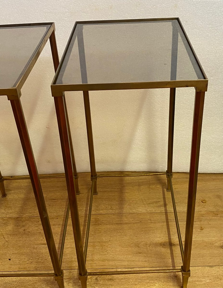 1970s Pair Of Ramsay Brass End Tables With Tinted Glass Tops, 39.5 X 27.5 X H 60 Cm-photo-4