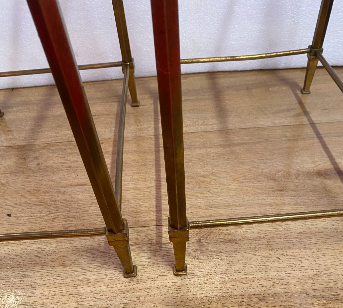 1970s Pair Of Ramsay Brass End Tables With Tinted Glass Tops, 39.5 X 27.5 X H 60 Cm-photo-2