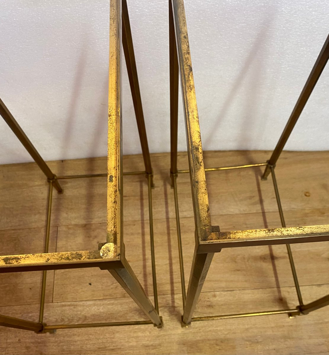 1970s Pair Of Ramsay Brass End Tables With Tinted Glass Tops, 39.5 X 27.5 X H 60 Cm-photo-7