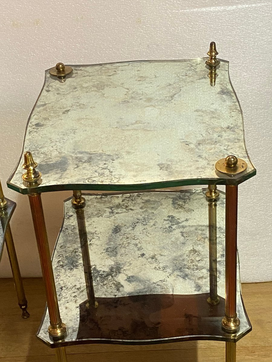 1970′ Paire Bouts  Canapés Maison Jansen Forme Arbaléte Plateaux Miroirs Vieillis 40 x32 x H 61-photo-3