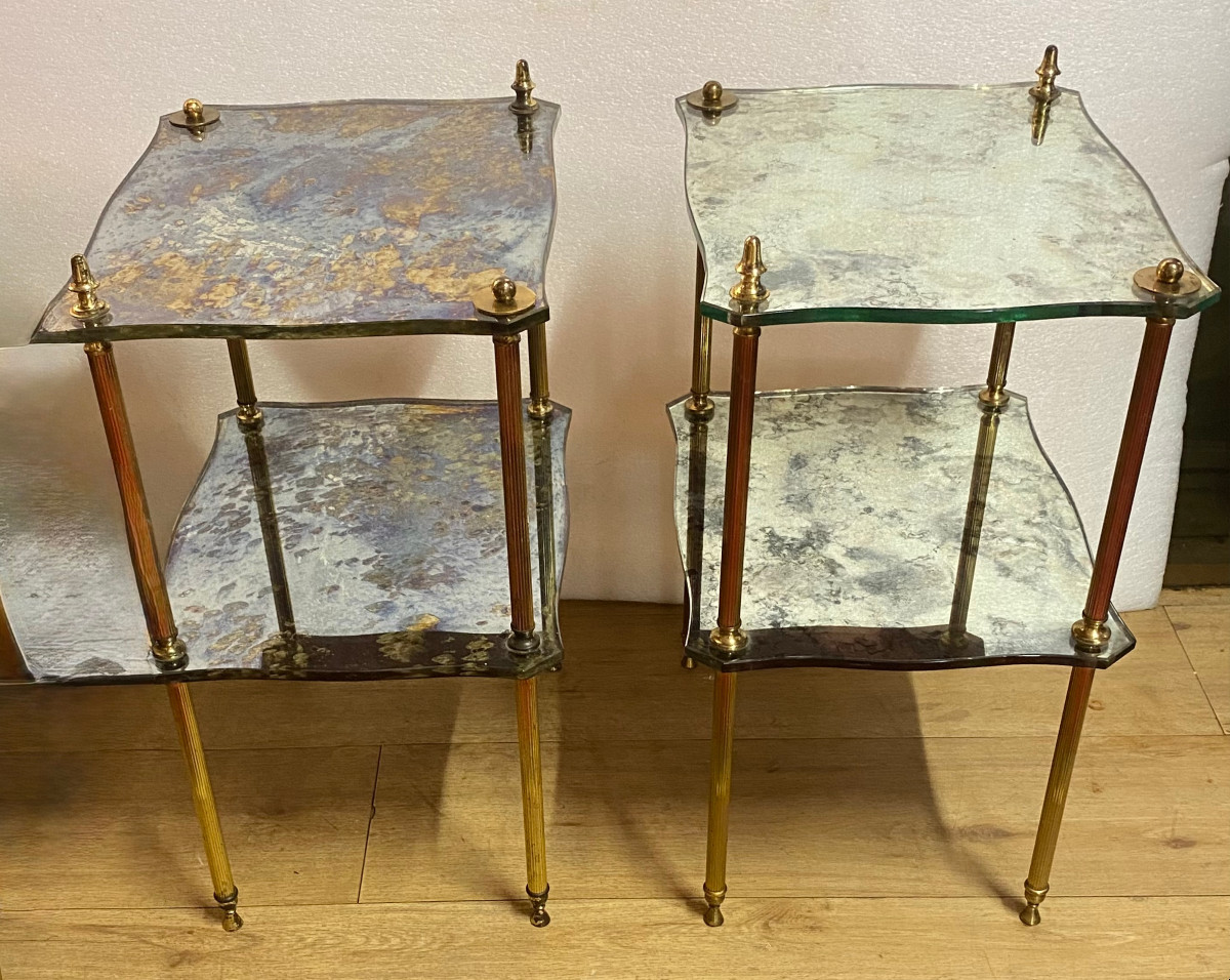 1970′ Paire Bouts  Canapés Maison Jansen Forme Arbaléte Plateaux Miroirs Vieillis 40 x32 x H 61