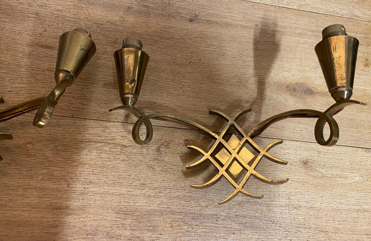 1940′ Pair Of Art Deco Gilded Bronze Sconces Attributed To Jules Leleu-photo-2
