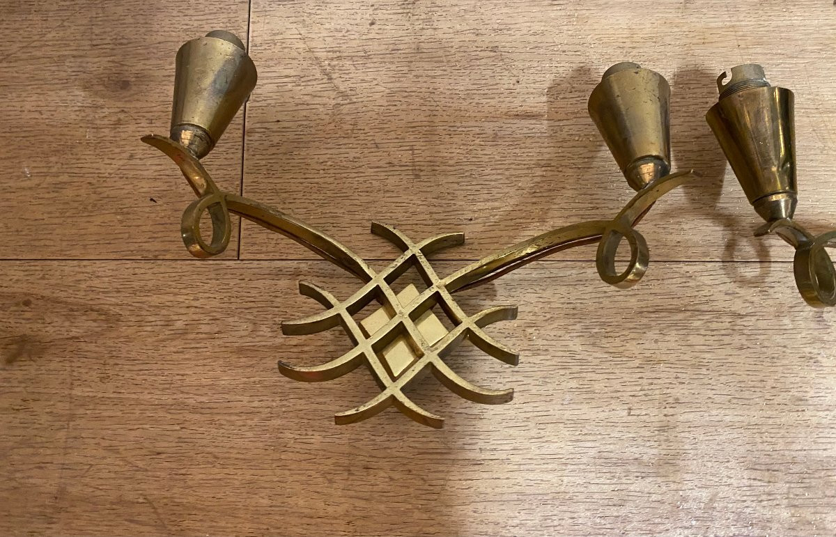 1940′ Pair Of Art Deco Gilded Bronze Sconces Attributed To Jules Leleu-photo-3