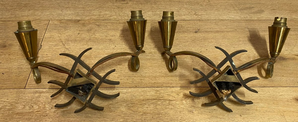 1940′ Pair Of Art Deco Gilded Bronze Sconces Attributed To Jules Leleu-photo-3