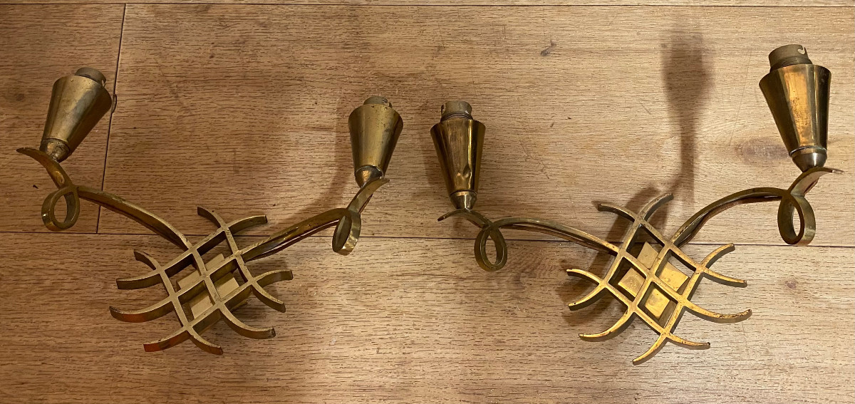1940′ Pair Of Art Deco Gilded Bronze Sconces Attributed To Jules Leleu