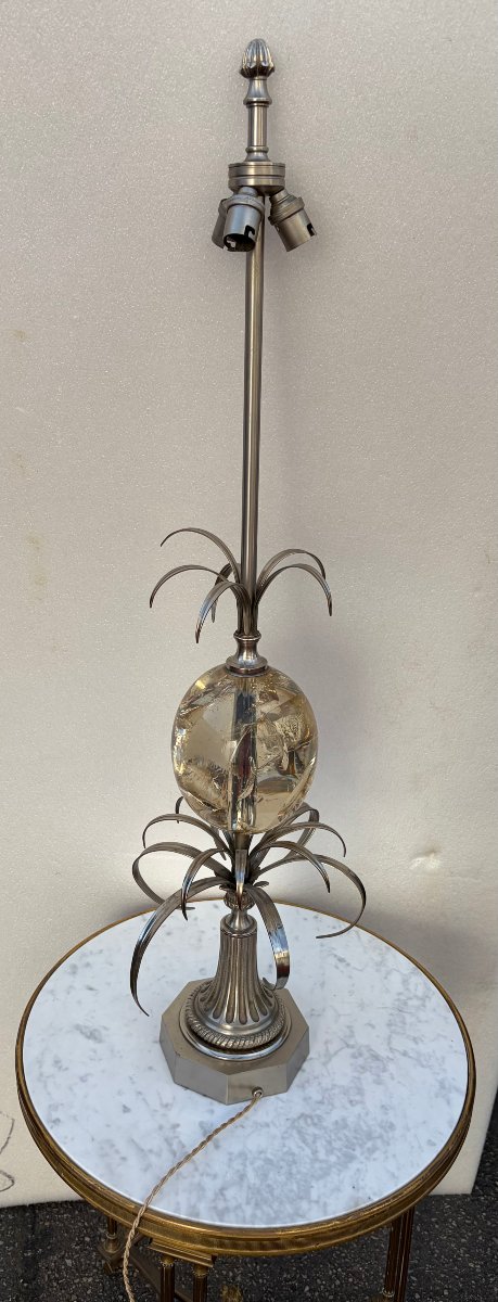 1950/70 Lampe en Bronze Argentée et Oeuf en Resine Fractable Signée Charles-photo-2