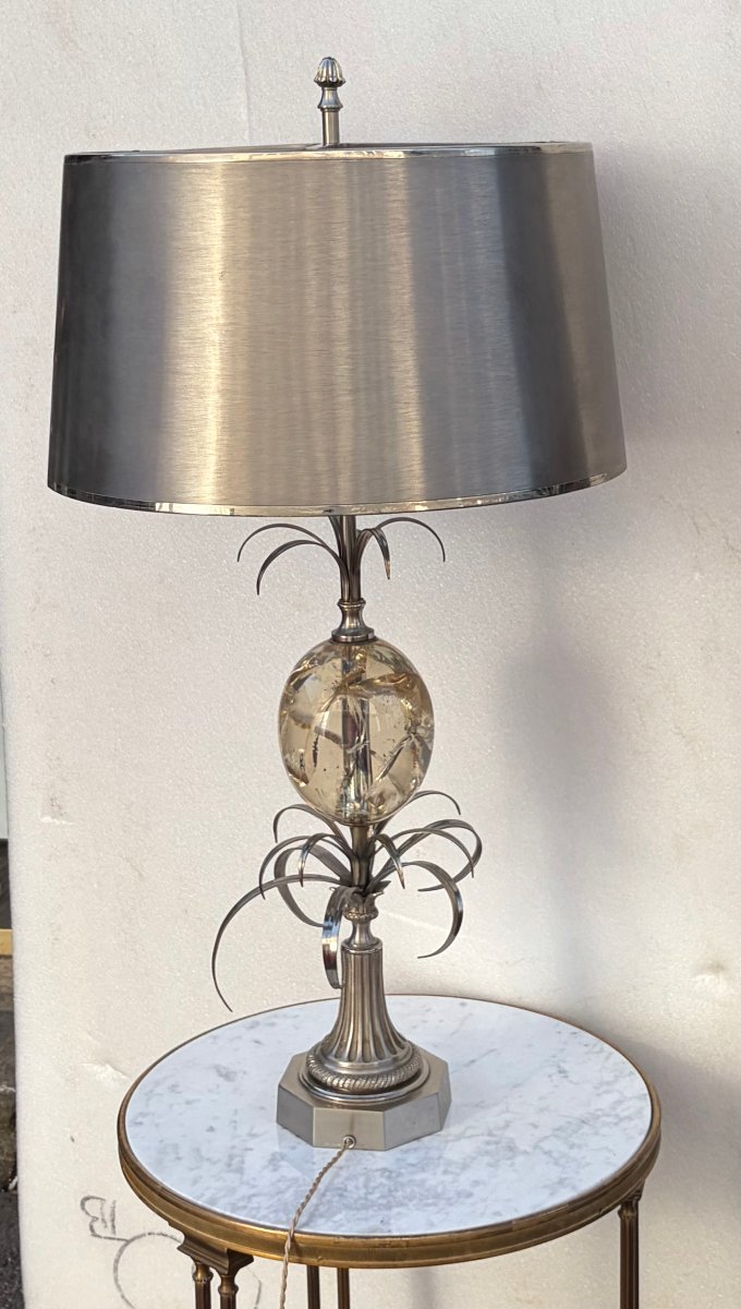 1950/70 Lampe en Bronze Argentée et Oeuf en Resine Fractable Signée Charles-photo-3