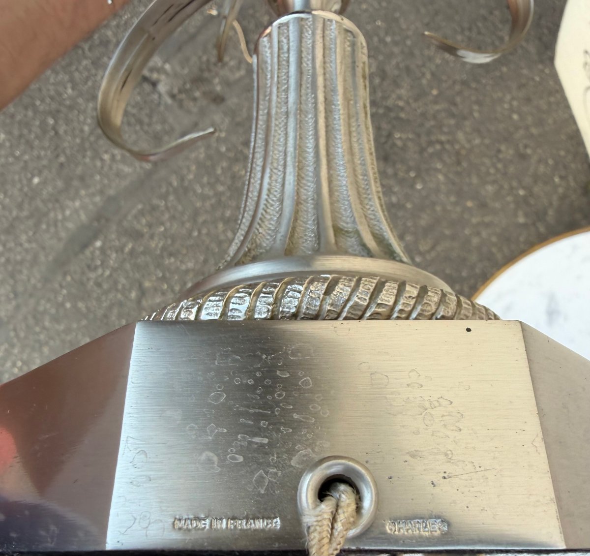 1950/70 Lampe en Bronze Argentée et Oeuf en Resine Fractable Signée Charles-photo-2