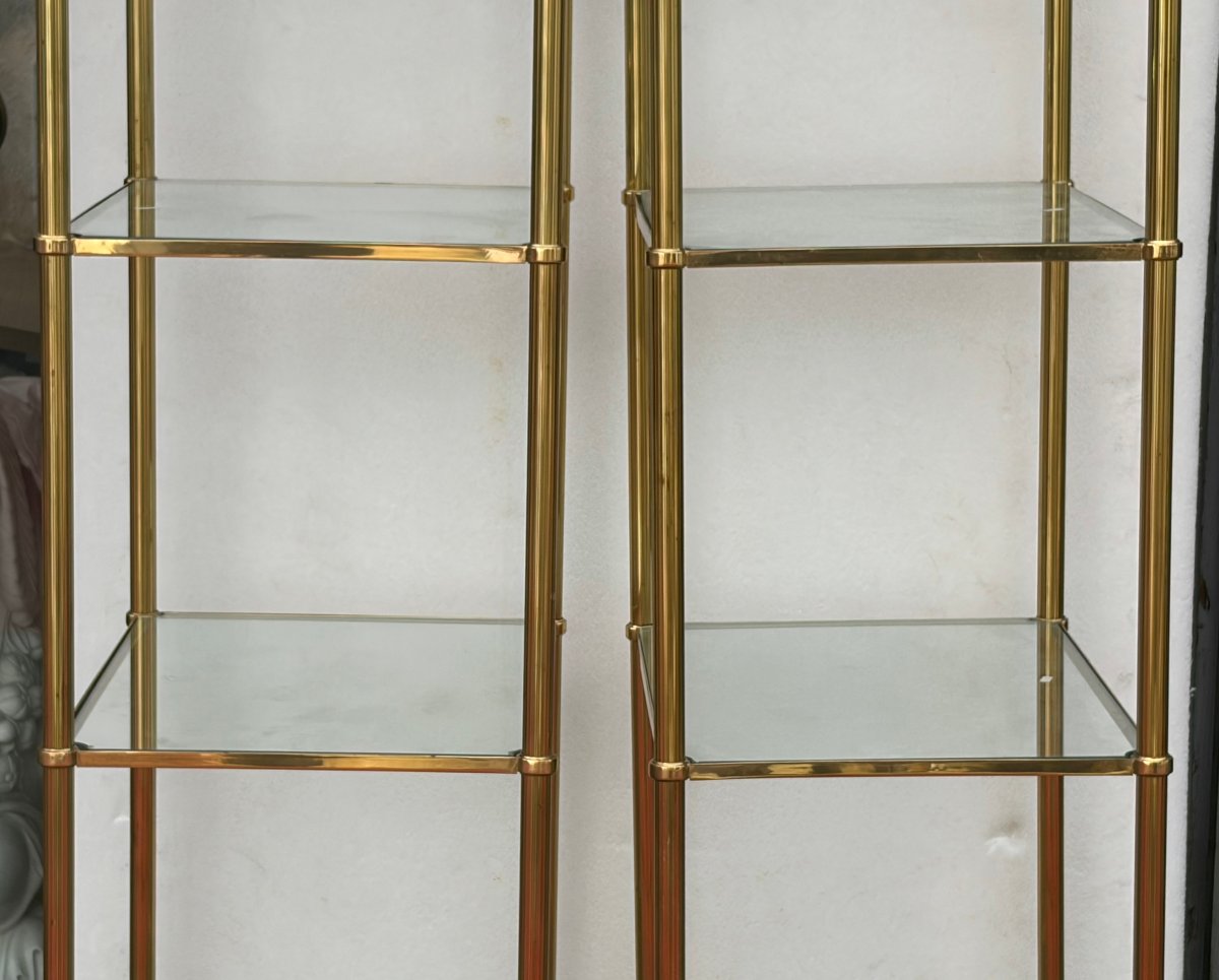 1970′ Paire D’Étagères En Bronze à 5 Niveaux Maison Baguès Plateaux Verre 36,5 X 54 H 163 cm-photo-1