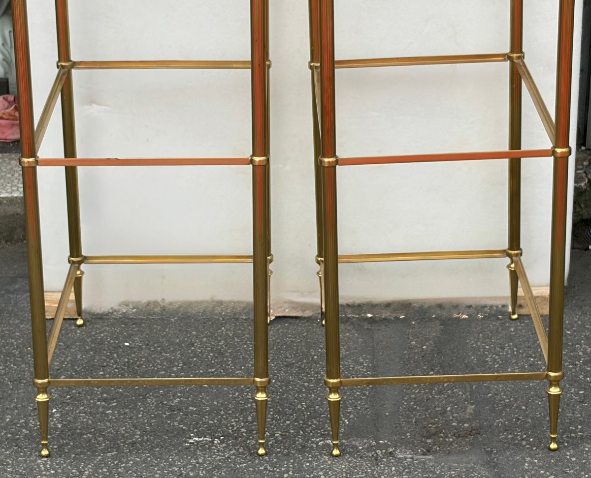 1970′ Paire D’Étagères En Bronze à 5 Niveaux Maison Baguès Plateaux Verre 36,5 X 54 H 163 cm-photo-2
