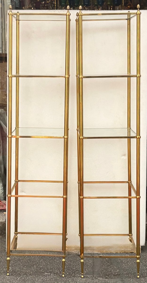 1970′ Paire D’Étagères En Bronze à 5 Niveaux Maison Baguès Plateaux Verre 36,5 X 54 H 163 cm