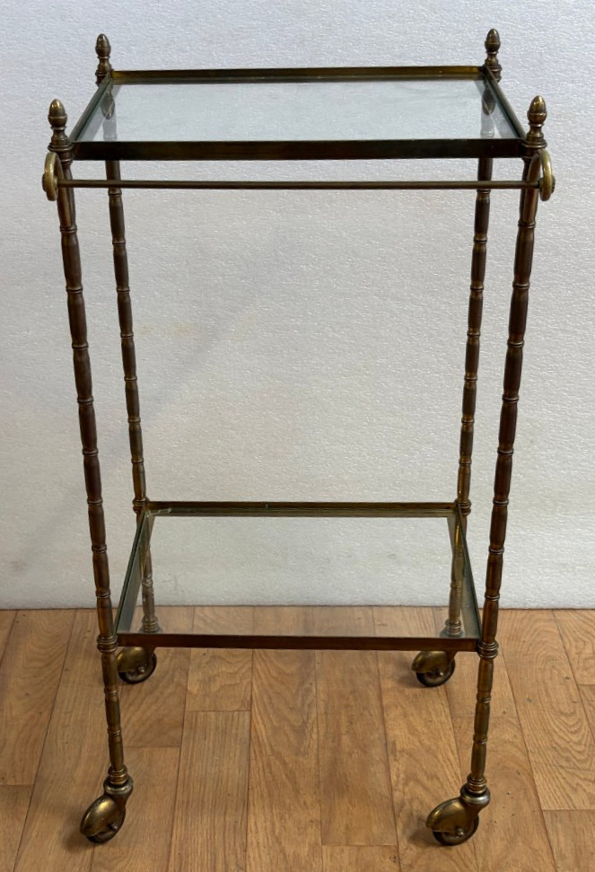 1950s–1970s Bagués Rolling Serving Cart, Bronze With Bamboo Decor, Featuring A Towel Holder, 38 X 35 X H 75
