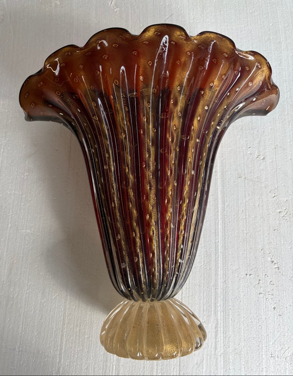 1970′ Vase Cristal Murano Violine et Or Signé Pino Signoretto H 40 cm-photo-1