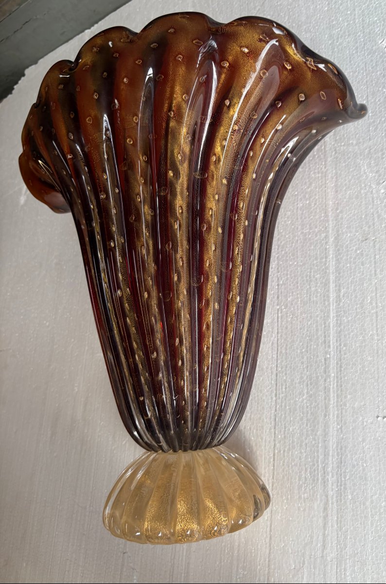 1970′ Vase Cristal Murano Violine et Or Signé Pino Signoretto H 40 cm-photo-3