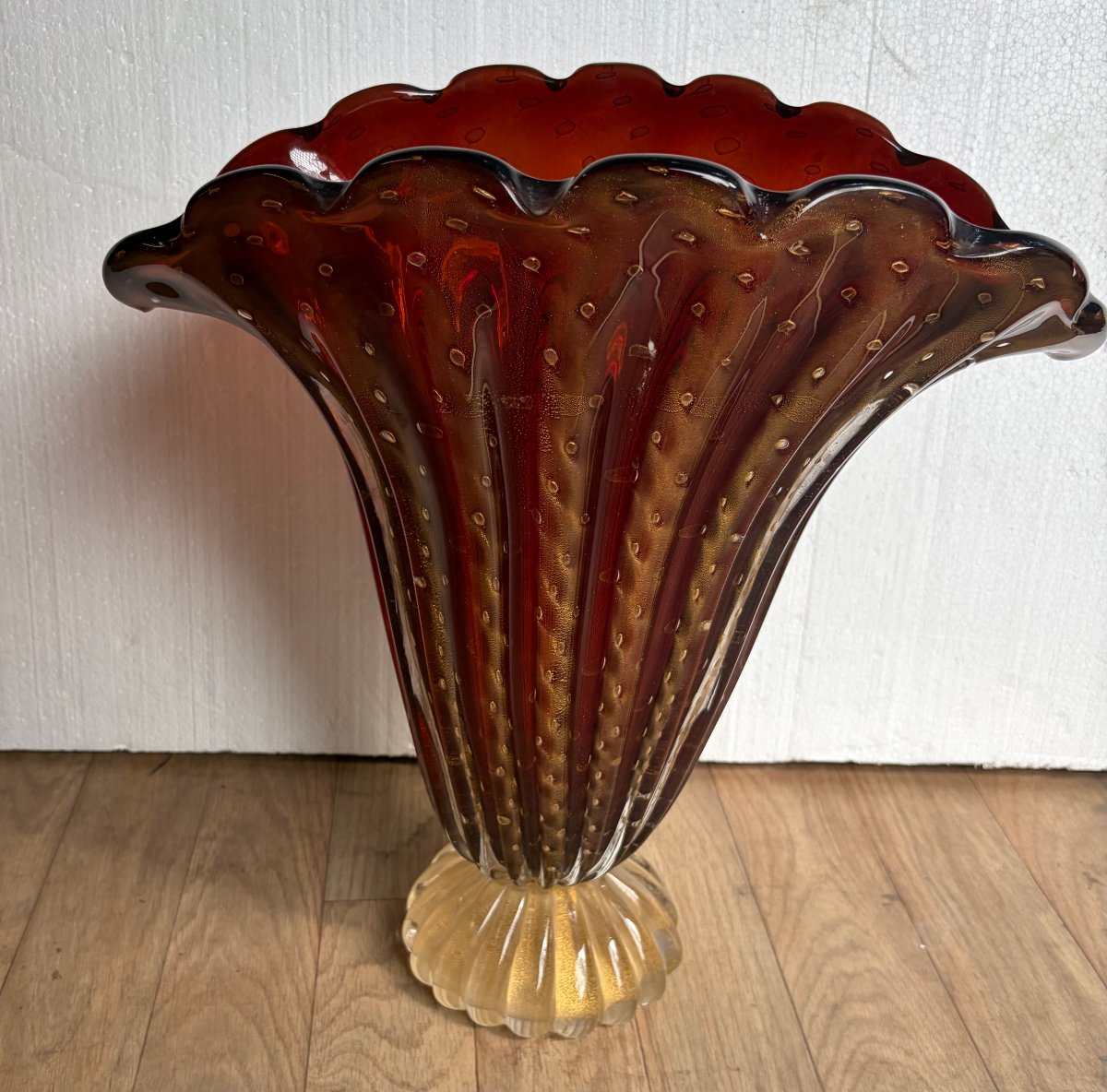 1970′ Vase Cristal Murano Violine et Or Signé Pino Signoretto H 40 cm