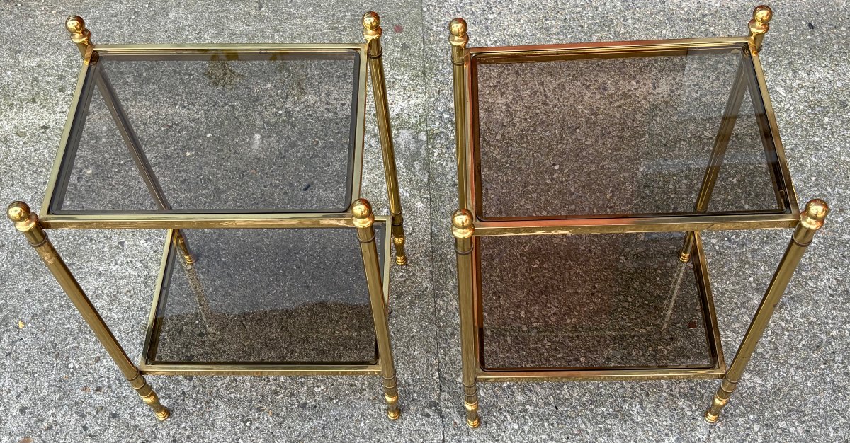 1970s Pair Of Bronze 2-tier Side Tables By Maison Jansen With Smoked Glass Tops, 43 X 33 X H 62 Cm