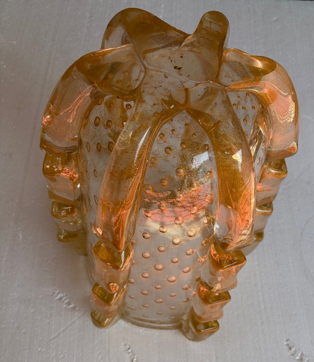 1970s Murano Crystal Vase With Gold Flakes, Unsigned, Barovier I Toso, H 36 X 26 Cm-photo-3